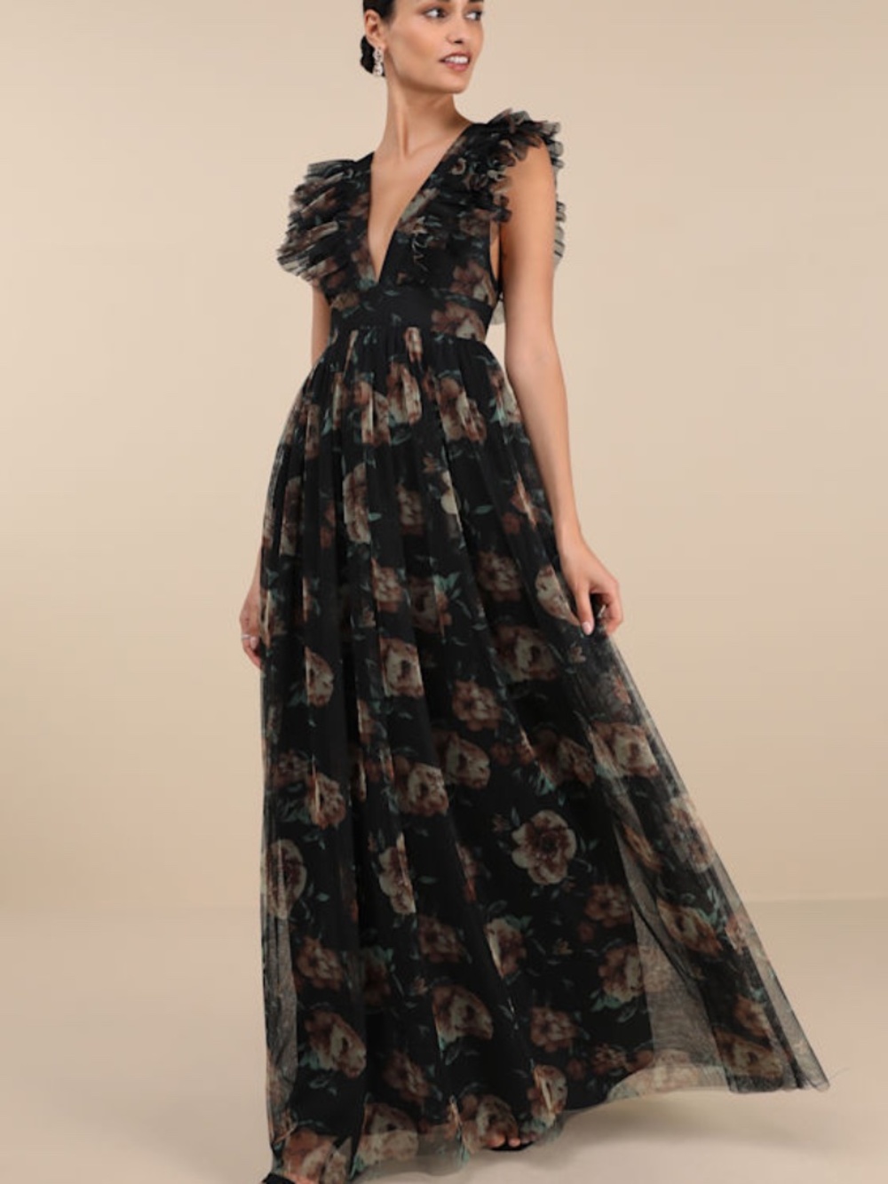 Lulus Simply Delighted Black Floral Mesh Ruffled Backless Maxi Dress - Size XL